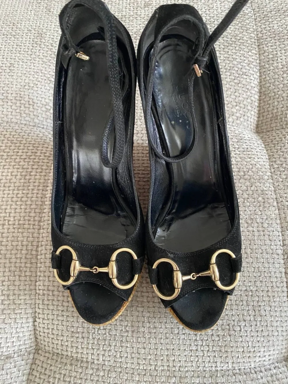 Gucci Black Suede Horsebit Wedge Espadrille Platform Sandals